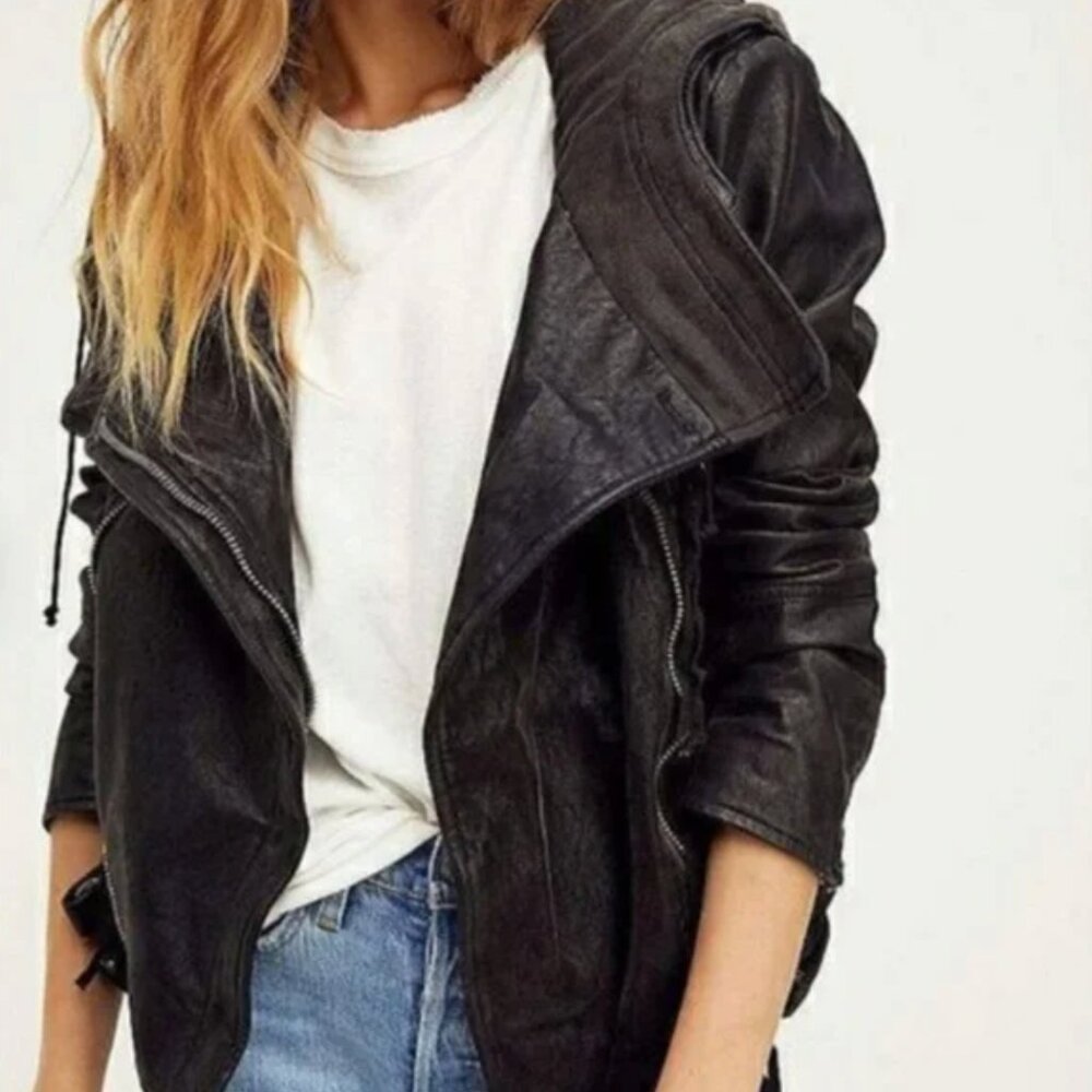 Free People/We the Free Cleo Hooded Vegan Leather Moto Jacket